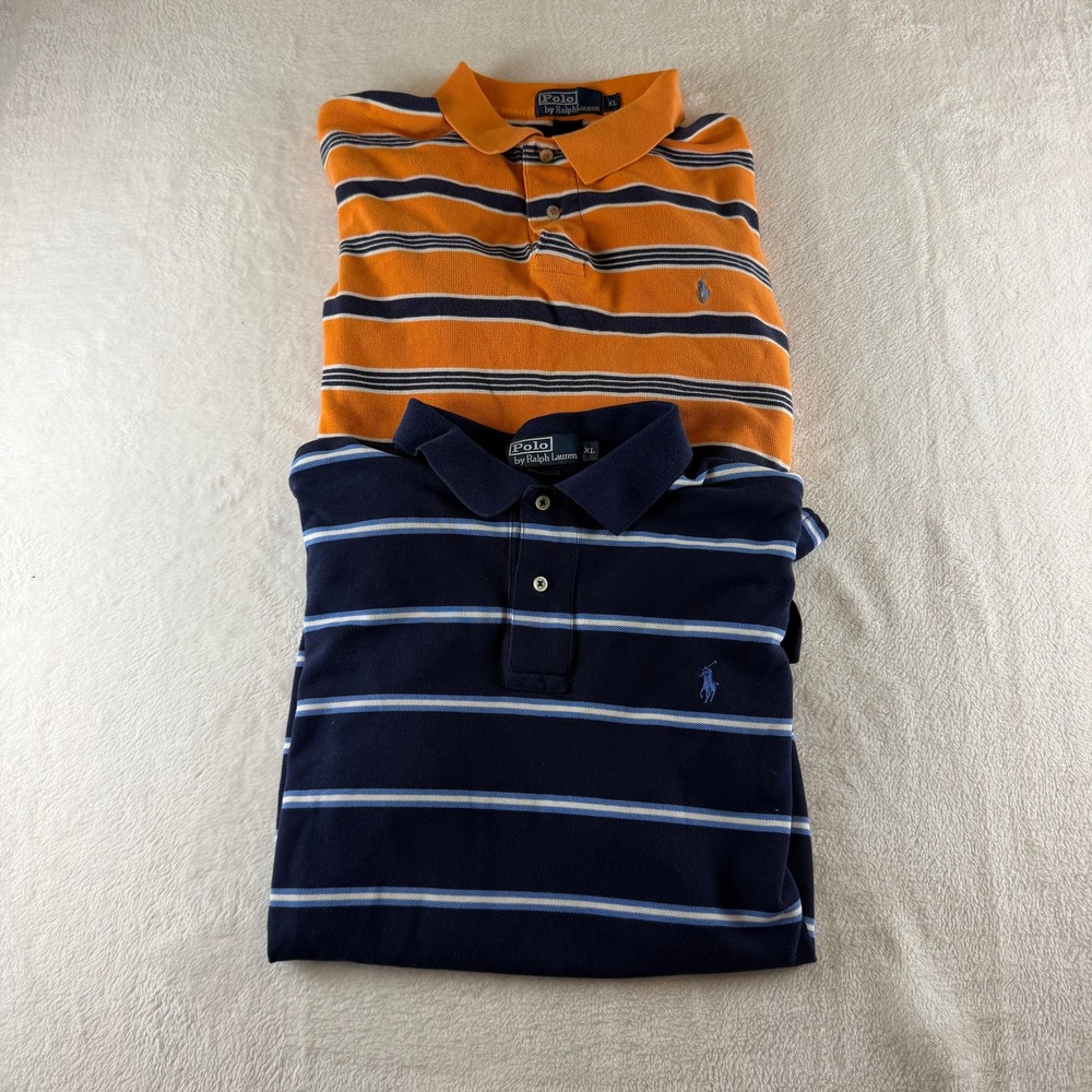 Polo Ralph Lauren Vintage Polo Shirts Striped Lot of 2 Navy Orange Mens XL